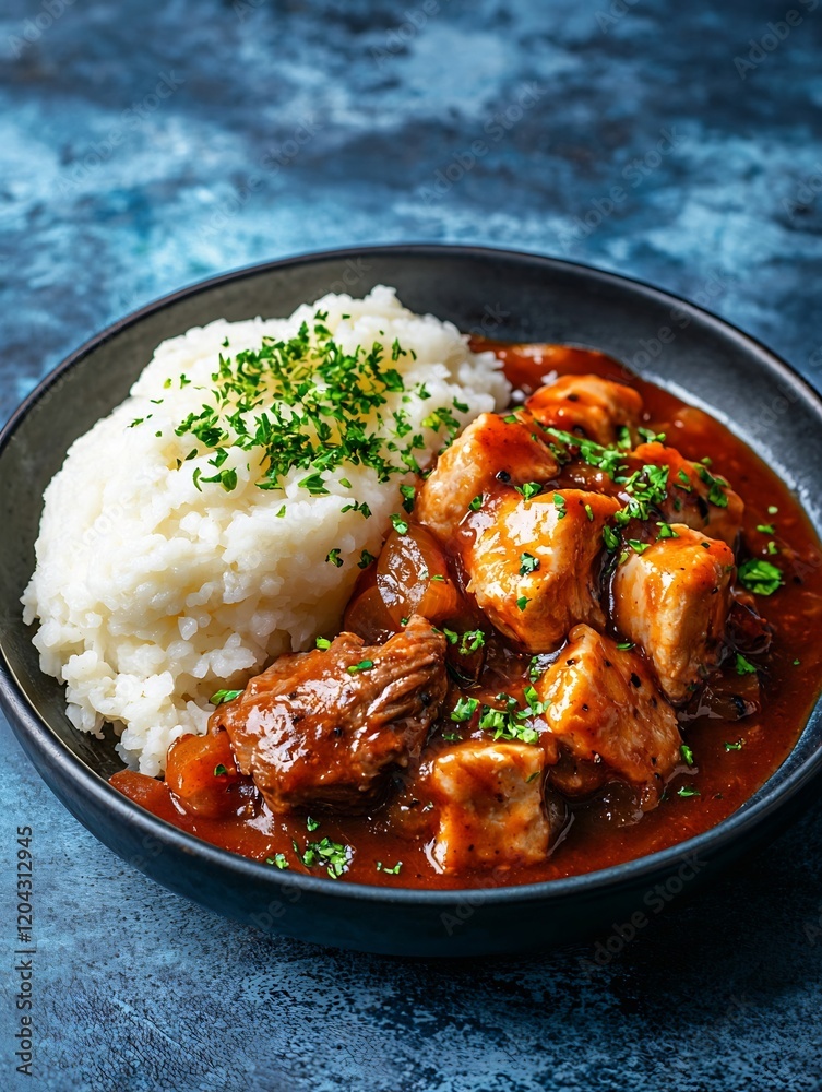 Appetizing Homemade Stew Dish with Aromatic Rice and Vibrant Garnishes Appetizing Homemade Stew Dish with Aromatic Rice and Vibrant Garnishes