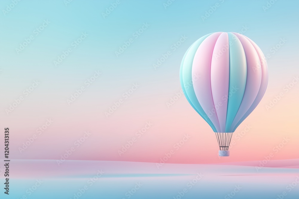 Obraz premium Pastel pink and blue hot air balloon floating in a serene gradient sky. Dreamy and whimsical travel or leisure concept