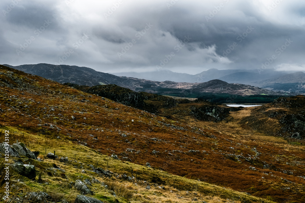 Fototapeta premium A sprawling view showcases rugged hills and distant mountains blanketed in dark clouds. The earthy tones of the landscape are highlighted by patches of grass and rocky outcrops.