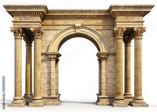 A majestic Roman arch  3D rendered in high resolution  features an isolated column  reflecting ancient architecture and a rule-of-thirds composition.