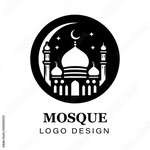  Black and white Islamic mosque logo design featuring crescent moon, stars, detailed vector artwork for branding, religious, and creative graphic projects.
 photo