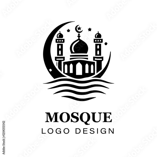  Black and white Islamic mosque logo design featuring crescent moon, stars, detailed vector artwork for branding, religious, and creative graphic projects.
 photo