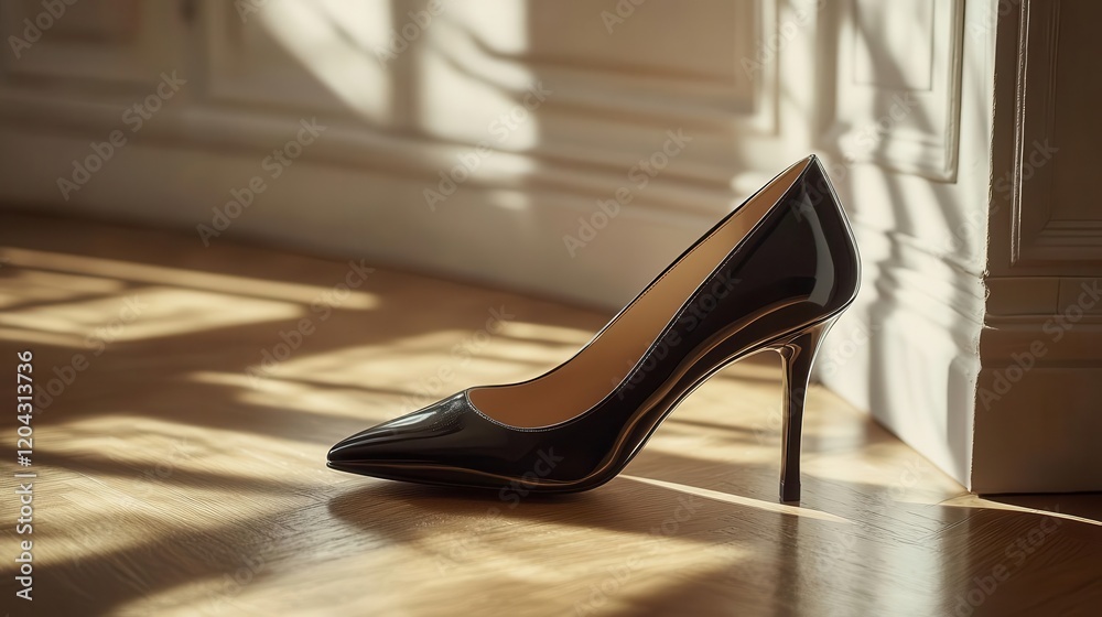 Designer shoes on floor, close-up of sleek designer heels, soft light casting elegant shadows Designer shoes on floor, close-up of sleek designer heels, soft light casting elegant shadows