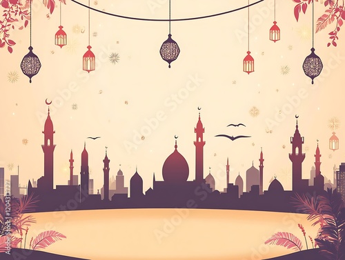 Festive Cityscape Silhouette With Hanging Lanterns And Fireworks photo