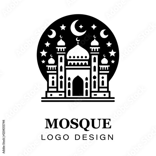  Black and white Islamic mosque logo design featuring crescent moon, stars, detailed vector artwork for branding, religious, and creative graphic projects.
