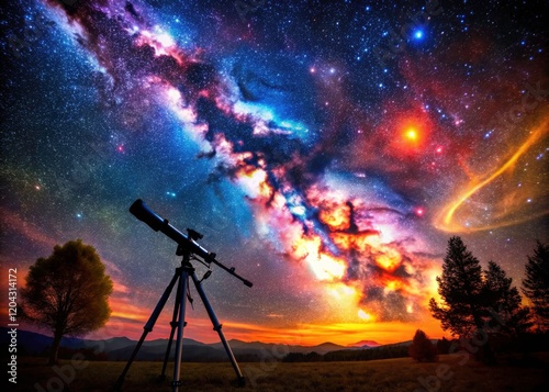 Apochromatic refractor long exposures unveil stunning night sky vistas, showcasing deep space nebulae and vibrant star trails. photo