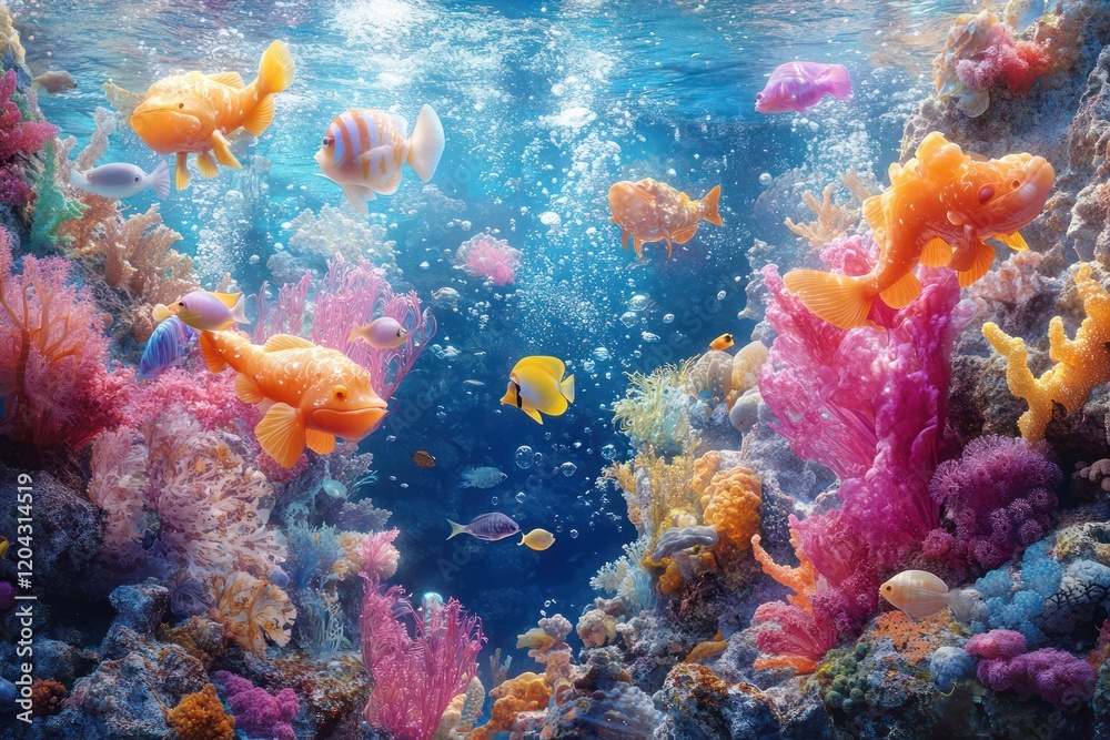 Naklejka premium A vibrant underwater dance party with sea creatures.