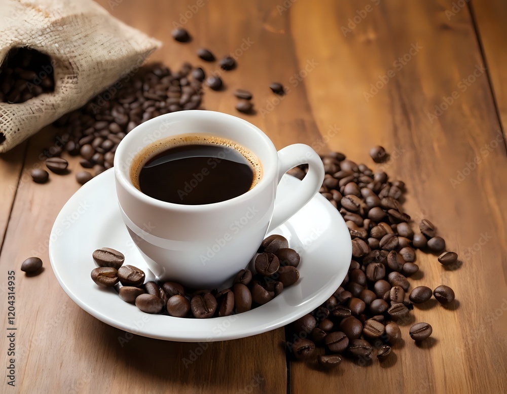 Obraz premium Espresso Cup on Wood: Dark Roast Coffee Beans and Rustic Charm