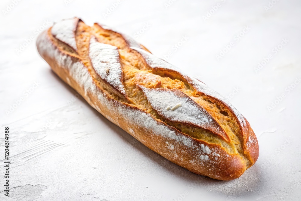 Artisanal baguette, rustic charm. Crusty exterior, white background. Minimalist bread image. Artisanal baguette, rustic charm. Crusty exterior, white background. Minimalist bread image.