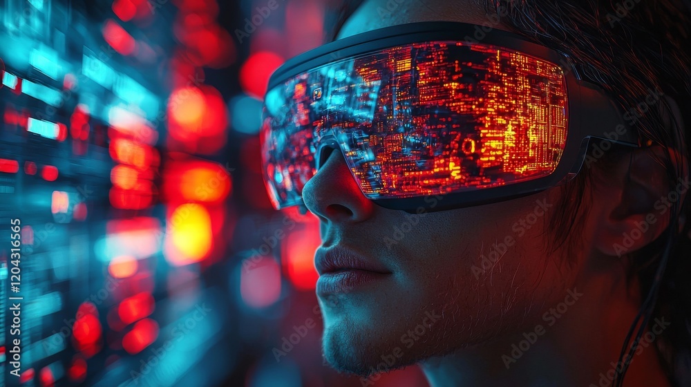 Close-up view of a person utilizing an advanced VR headset and controllers, alongside a futuristic digital interface
