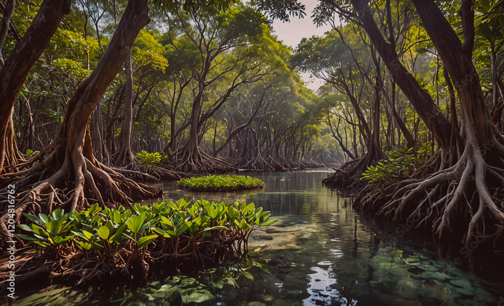 A lush green forest with a river running through it. The water is clear and calm. The trees are tall and have large roots that extend into the water. The scene is peaceful and serene, with the sound A lush green forest with a river running through it. The water is clear and calm. The trees are tall and have large roots that extend into the water. The scene is peaceful and serene, with the sound