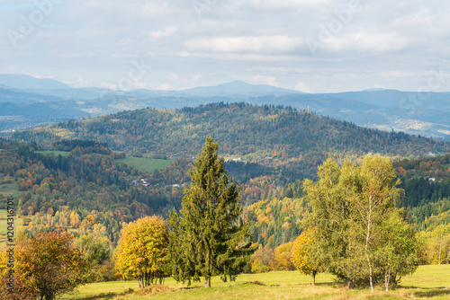 View to Lysa hora hill in Moravskoslezske Beskydy mountains from lookout tower on Martacky vrch hill in Javorniky mountains in Slovakia photo