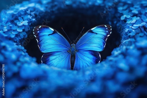 A vivid blue butterfly emerging from a narrow cocoon.