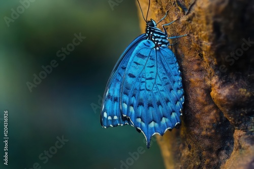 A vivid blue butterfly emerging from a narrow cocoon.
