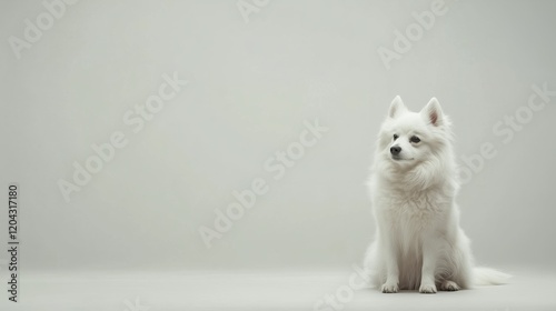 The white dog, with its cheerful yet composed expression, is framed by a clean, simple background, creating a strikingly elegant and minimalistic visual.