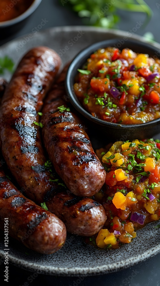 A Beautifully Styled Traditional South African Pap and Wors Dish on a Gray Surface Ideal for Culinary Promotions