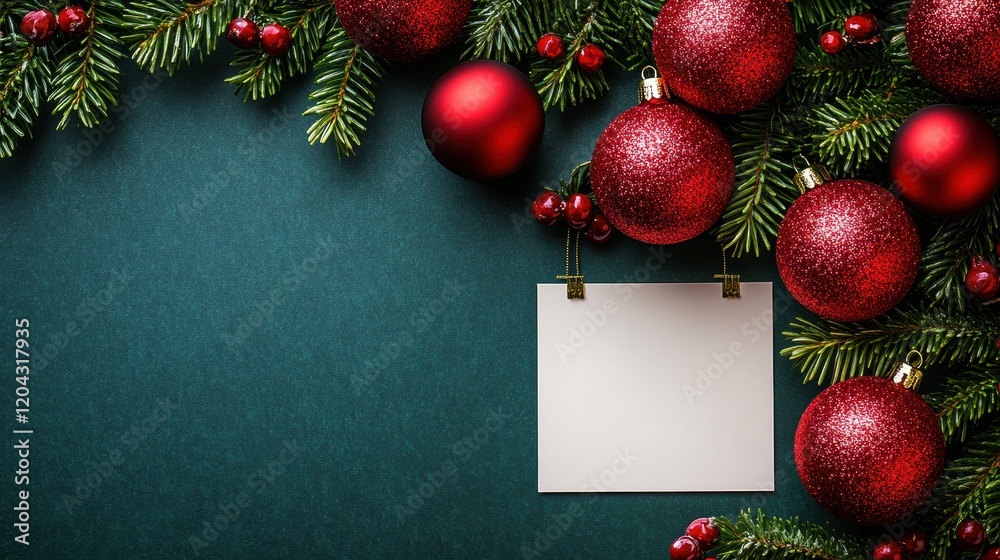 Obraz premium Christmas Festive Background: Red Ornaments, Fir Branches, and Blank Card on Teal