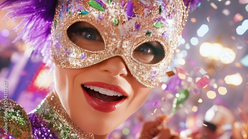 Vibrant Mardi Gras Portrait with Feathered Mask photo