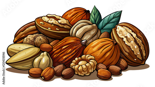 Close-up of assorted nuts including walnuts, pecans, and hazelnuts, ideal for a keto diet, set against a white background. hyper realistic