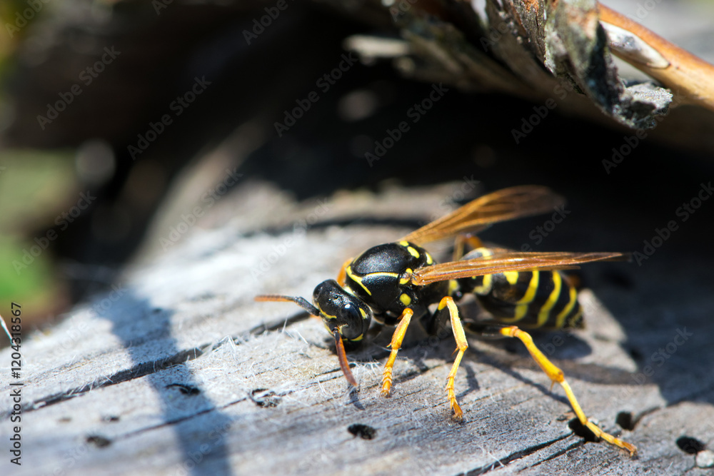 custom made wallpaper toronto digitalVespula germanica, European wasp, German wasp. while scratching a wooden surface with its jaws, from which cellulose will be obtained, to build the nest. Isolated specimen, macro insect