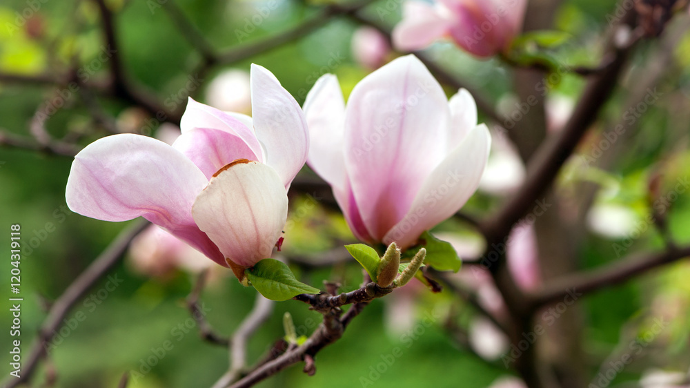 Magnolia. spring magnolia flowers, natural abstract soft floral background. beautiful flowers, delicate magnolia, in the garden or park. pink flower on green natural background. close-up Magnolia. spring magnolia flowers, natural abstract soft floral background. beautiful flowers, delicate magnolia, in the garden or park. pink flower on green natural background. close-up