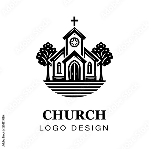 Black and white gothic church logo design featuring cross, detailed vector artwork for branding, religious organizations, architecture, and graphic art projects.
