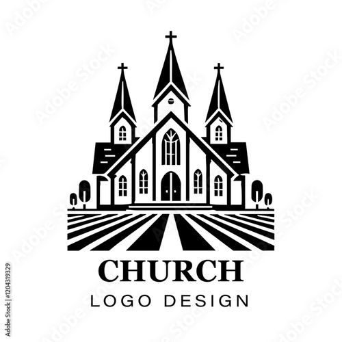 Black and white gothic church logo design featuring cross, detailed vector artwork for branding, religious organizations, architecture, and graphic art projects.
