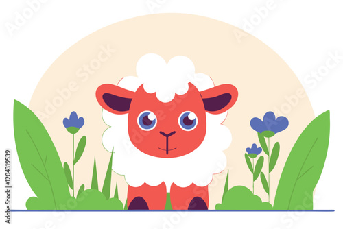 Vector illustration of adorable cartoon sheep amidst field filled with blooming flowers