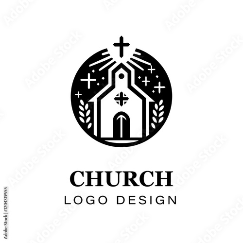Black and white gothic church logo design featuring cross, detailed vector artwork for branding, religious organizations, architecture, and graphic art projects.

