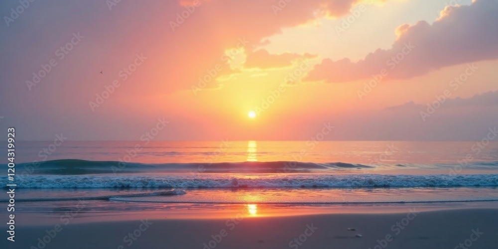 Naklejka premium Serene Ocean Sunset with Gentle Waves Rolling Ashore on a Sandy Beach
