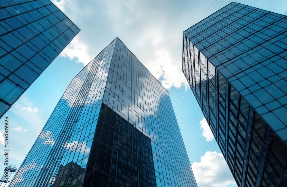 Low angle view of modern skyscrapers. Glass facades reflect blue sky, clouds. City business center with tall structures. Exterior details of office buildings. High-rise buildings in metropolitan Low angle view of modern skyscrapers. Glass facades reflect blue sky, clouds. City business center with tall structures. Exterior details of office buildings. High-rise buildings in metropolitan