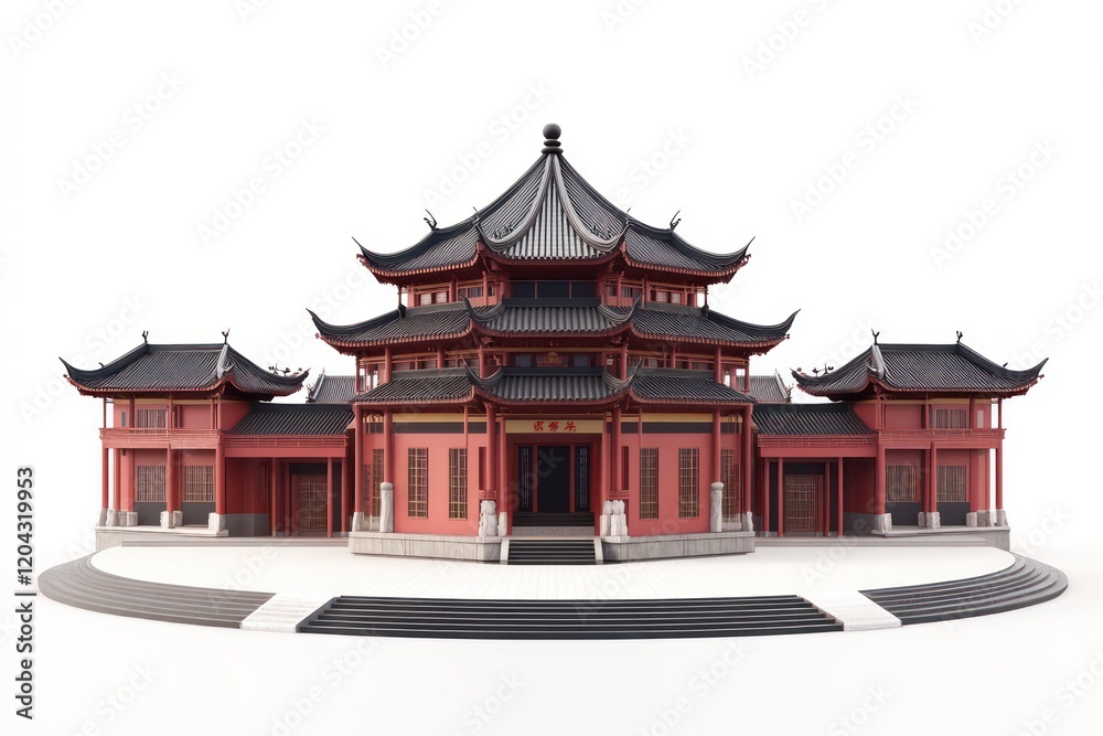 3D new Chinese style building complex on a round chassis, several Chinese commercial buildings with red walls and black tiles 3D new Chinese style building complex on a round chassis, several Chinese commercial buildings with red walls and black tiles