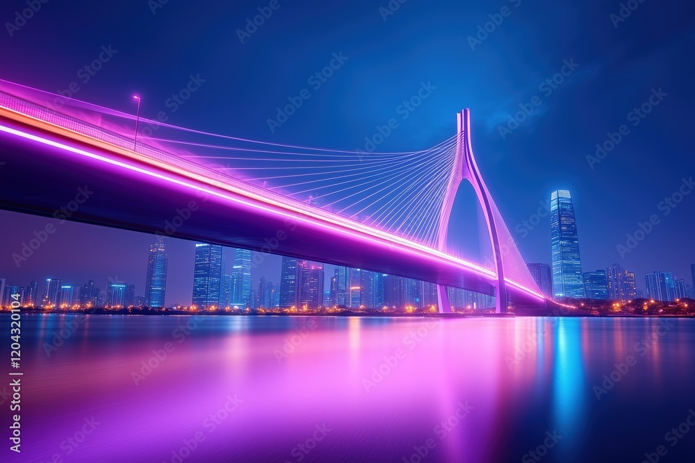 Obraz premium Neon-lit suspension bridge at night with city skyline and water reflections. urban landscape and futuristic architecture
