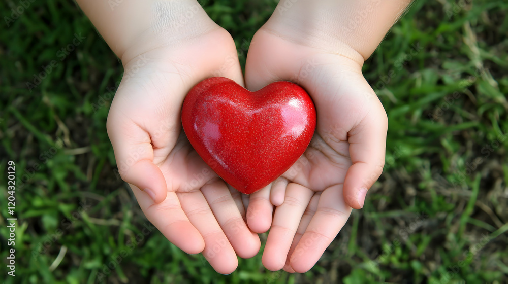 Adult and child hands holding a red heart symbolizing love, health, and care Adult and child hands holding a red heart symbolizing love, health, and care