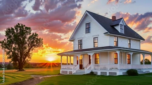 A picturesque white house with a large porch is bathed in the warm glow of a sunset