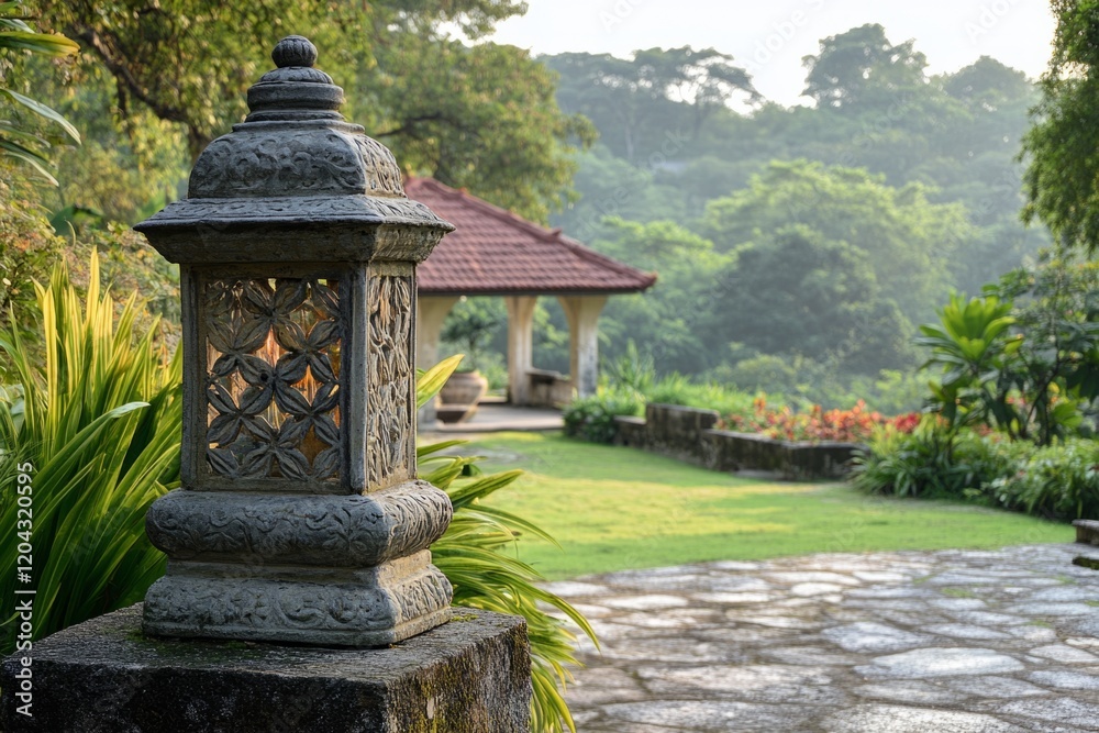 Obraz premium Antique garden lamp illuminates a tranquil scene overlooking a castle at sunset, creating a peaceful and picturesque view