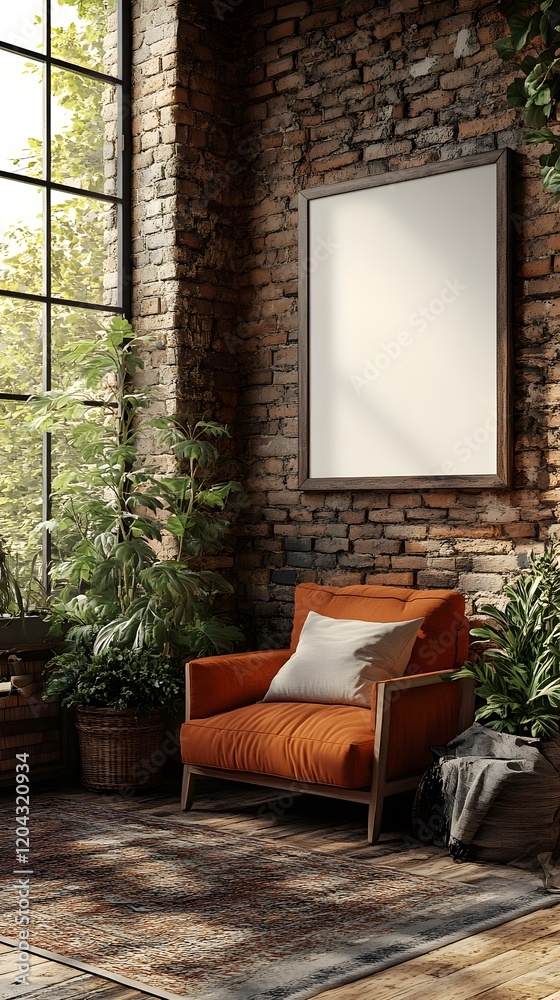 Cozy Hipster Living Room Featuring an Inviting Mock Up Blank Poster on the Wall Blending Vintage and Contemporary Design Cozy Hipster Living Room Featuring an Inviting Mock Up Blank Poster on the Wall Blending Vintage and Contemporary Design