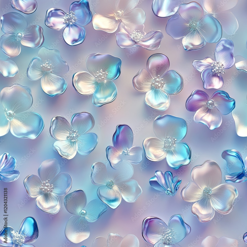 Iridescent 3D flowers scattered across a dreamy ombré background . Seamless abstract 3d pattern background Iridescent 3D flowers scattered across a dreamy ombré background . Seamless abstract 3d pattern background