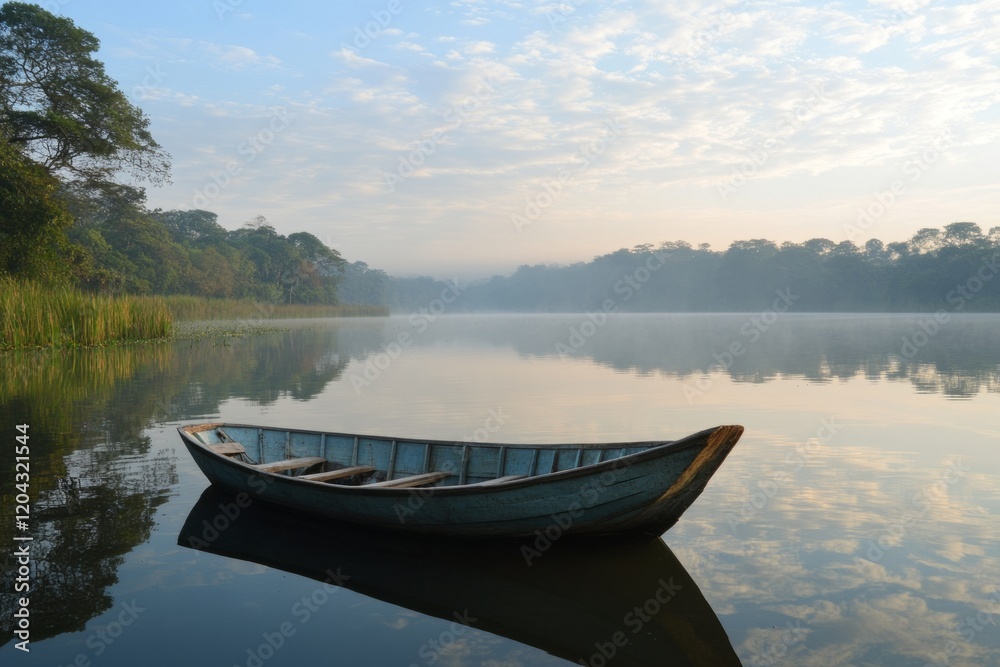 Obraz premium Serene wooden boat rests on crystal-clear lake, mirroring majestic mountains and a vibrant sky, creating a tranquil landscape
