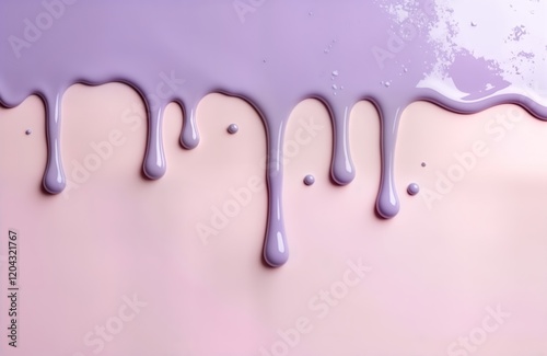 Lilac liquid paint drips down pink surface creating abstract pattern. Fluid drips form beautiful streaks against soft pastel backdrop. Design looks like paint spill ink stain. Visually appealing