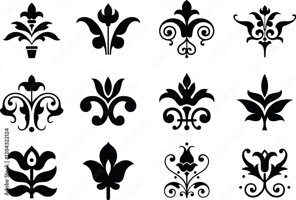 A set of vintage botanical leafy design icon elements. 