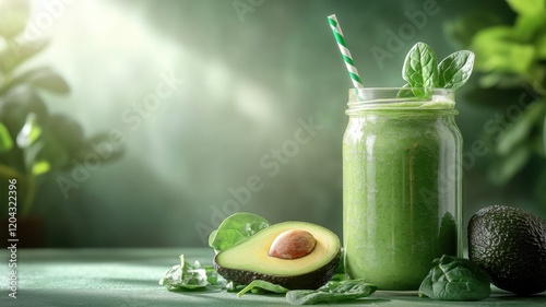 Green smoothie in glass jar with paper straw and avocado placed next to it, on green background. Healthy eating concept. Veganuary photo