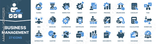 Business management colored signed icon collection. Target, checklist, deadline, strategy, planning icons. UI icon set. Colored icons pack. Vector illustration