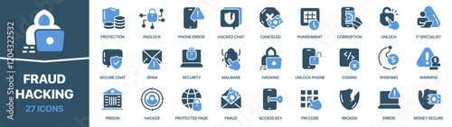 Fraud and hacking colored signed icon collection. Spam, hacked, phishing, error, corruption icons. UI icon set. Colored icons pack. Vector illustration