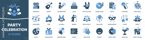 Party and celebration colored signed icon collection. Music, disco, masquerade, pizza, funny icons. UI icon set. Colored icons pack. Vector illustration EPS10