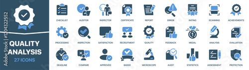 Quality analysis colored signed icon collection. Audit, inspector, evaluation, medal, report icons. UI icon set. Colored icons pack. Vector illustration