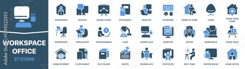 Workspace and office colored signed icon collection. Coworking, devices, desktop, table, programming icons. UI icon set. Colored icons pack. Vector illustration