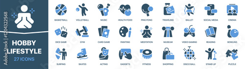 Hobby and lifestyle colored signed icon collection. Art, sport, party, culture, music, cinema icons. UI icon set. Colored icons pack. Vector illustration