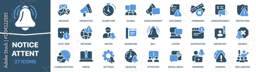 Notice and attent colored signed icon collection. Bell, alarm, notification, reminder icons. UI icon set. Colored icons pack. Vector illustration