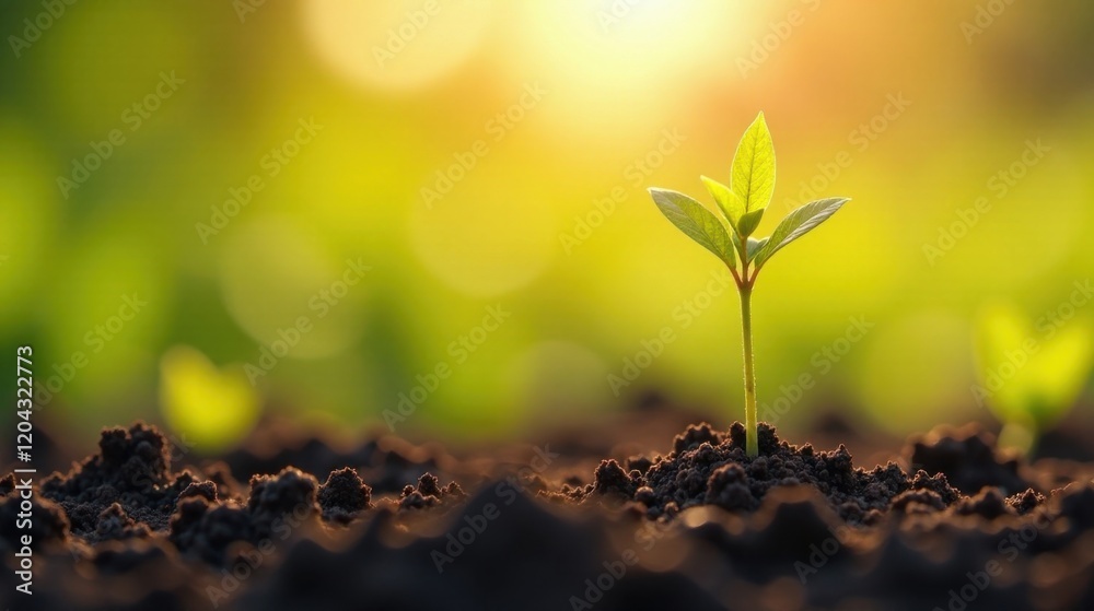 A Tiny Sprout Emerging from Rich Earth at Dawn, Reaching for Sunlight and New Beginnings A Tiny Sprout Emerging from Rich Earth at Dawn, Reaching for Sunlight and New Beginnings